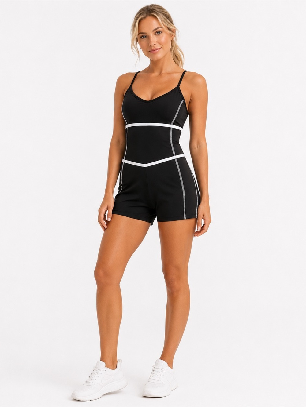 Amazon Black Activewear Romper with White Piping